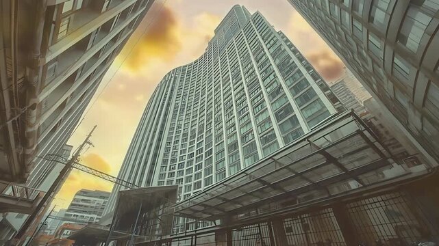 Modern Curved Skyscraper Rising Above Narrow Urban Alley Under Cloudy Sky seemles looping Video 4 K quality 