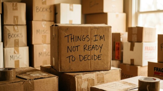 Moving boxes with handwritten text, things not ready to decide.