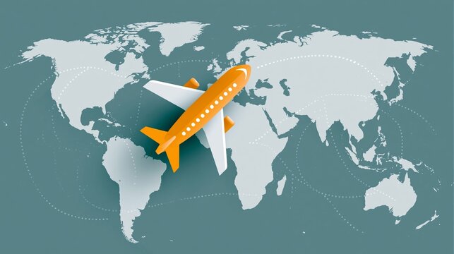 Flache Vektorgrafik eines orangefarbenen Flugzeugs &uuml;ber einer vereinfachten Weltkarte mit gestrichelten Flugrouten.