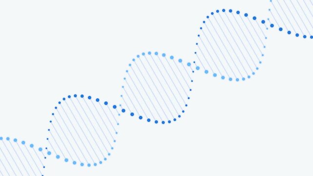 Animated DNA strand motion graphics with blue dots and lines, rotating against a clean, light background, suitable for science and technology themes.