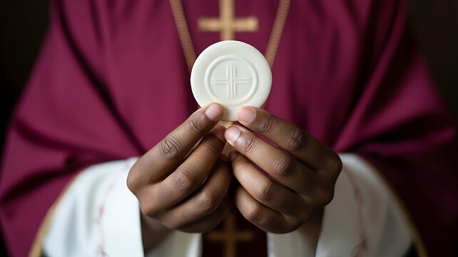 Priest holding holy communion wafer, Eucharist sacrament in church, religious ceremony and Christian faith concept, close up of hands with host and cross necklace