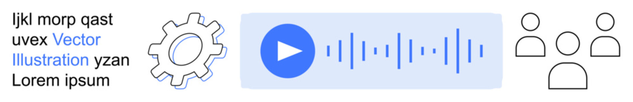 Sound design, collaboration, teamwork, technology, audio playback, user interface. Blue audio playback button with waveform, gear symbol group of people outline icons. Sound design and collaboration