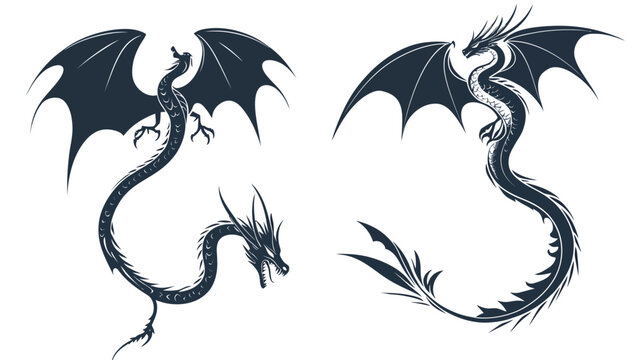 Black dragon silhouettes, one in mid-flight and the other coiled, presented on a white background