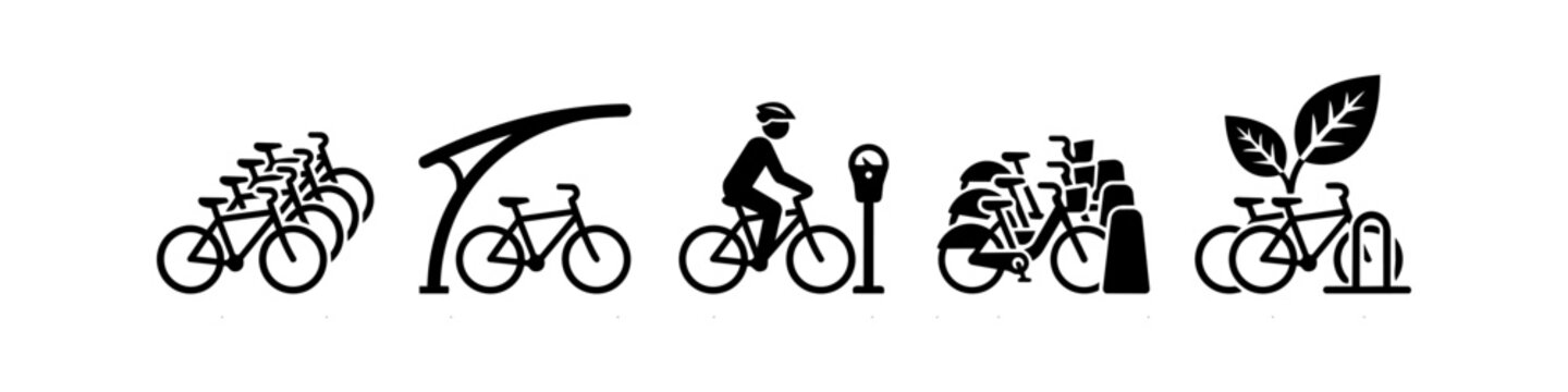 Set of black silhouette icons representing urban cycling infrastructure, including bike sharing stations, bicycle parking, eco-friendly transport, and city commuting symbols.