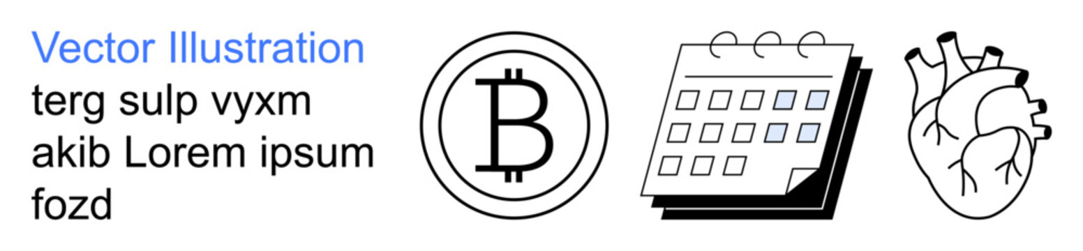 Cryptocurrency, finance planning, medical science, blockchain, scheduling, health awareness. Minimalist Bitcoin symbol, calendar and anatomical heart sketches. Cryptocurrency and finance planning