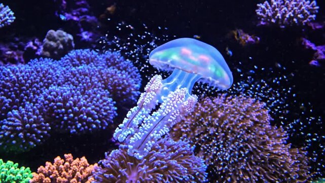 Bioluminescent Jellyfish Swimming Gracefully Over Vibrant Tropical Coral Reef In Deep Blue Ocean Water