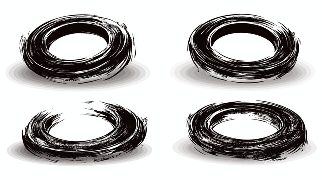 Four black ink brushstroke rings with drop shadows, creating a graphic art design, isolated on white