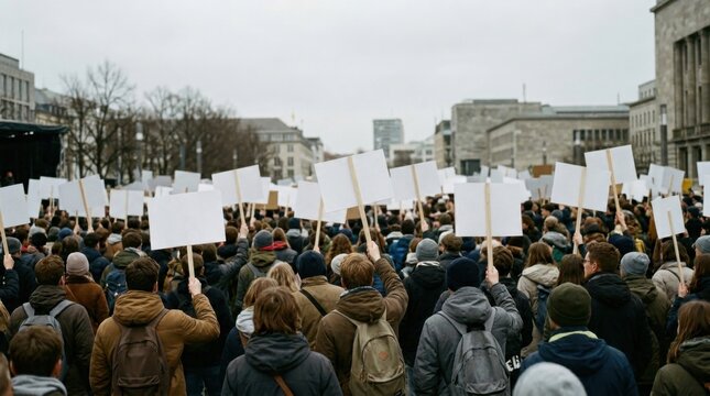 Protest Crowd Demonstrating with Blank Signs in Urban Setting.