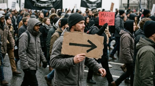 Protest March Demonstrators Walking with Signs and Banners in City.