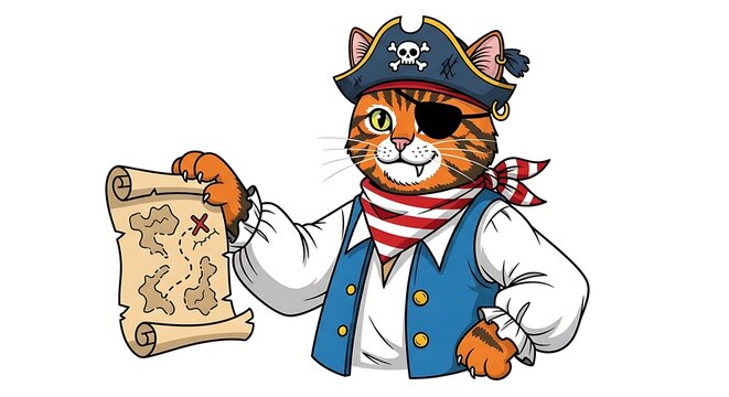 Pirate Cat Holding Treasure Map Illustration.