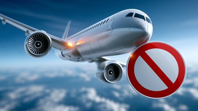 Ein Passagierflugzeug fliegt &uuml;ber den Wolken mit einem roten Verbotszeichen im Vordergrund.