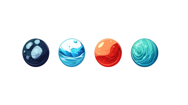 Pixelated artwork depicting four colorful spheres, each with distinct textures, set on a white background