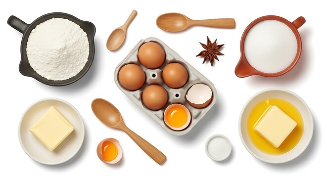 Baking ingredients on white background, eggs, flour, butter, sugar