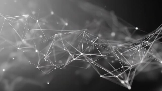 Monochrome abstract network of connected points and lines symbolizes digital communication and data flow. Futuristic mesh background ideal for technology, AI, and innovation themes