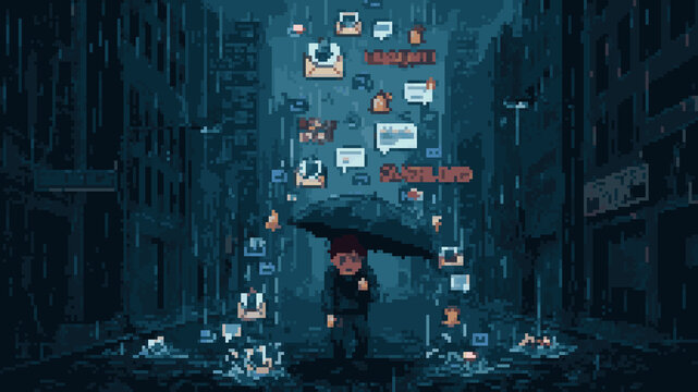 Pixel art of a person with an umbrella in a rainy city street overwhelmed by digital notification icons falling like rain