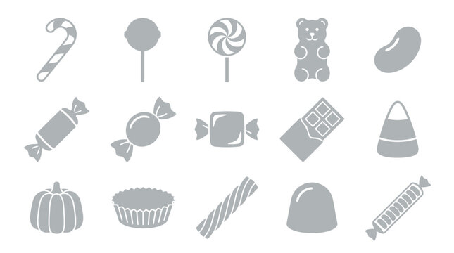 A collection of  a candy cane, lollipops, gummy bear, jelly bean, wrapped candies, chocolate bar, candy corn, pumpkin candy, peanut butter cup, twisted candy, and a jelly candy.