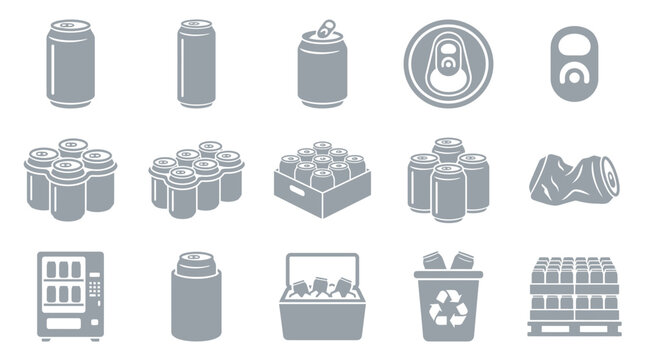 Collection of gray icons representing various aspects of canned beverages, including individual cans, multi-packs, vending machines, coolers, recycling bins, and crushed cans.