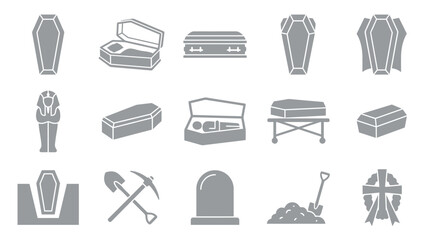 Fototapeta premium Collection of various funeral and burial related icons, including coffins, sarcophagus, tombstone, and digging tools.