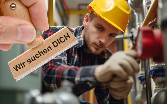 Ein Holzstempel ist beschriftet mit dem Aufdruck: Wir suchen DICH &uuml;ber dem fiktiven Bild eines Installateurs bei der Arbeit - FOTOMONTAGE