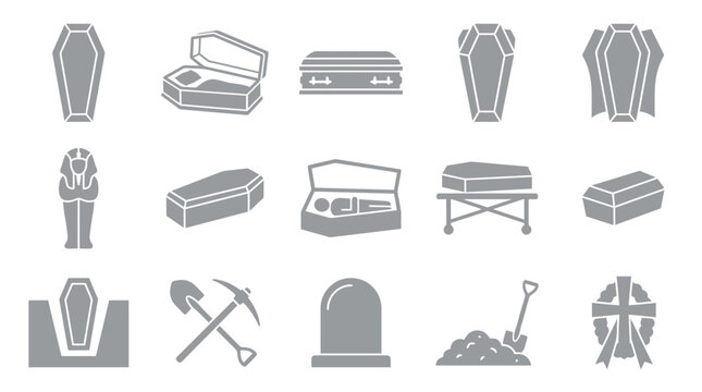 Collection of various funeral and burial related icons, including coffins, sarcophagus, tombstone, and digging tools.