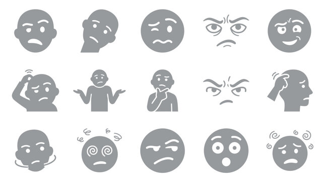 A collection of 15 gray icons representing various human emotions and mental states, including confusion, anger, and contemplation.