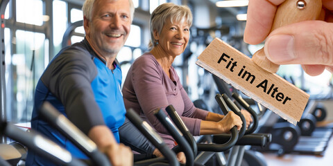 Naklejka premium Ein Holzstempel ist beschriftet mit dem Aufdruck: Fit im Alter über einem Senior beim Sport – FOTOMONTAGE