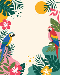Tropical frame with parrots and exotic leaves background © designervector