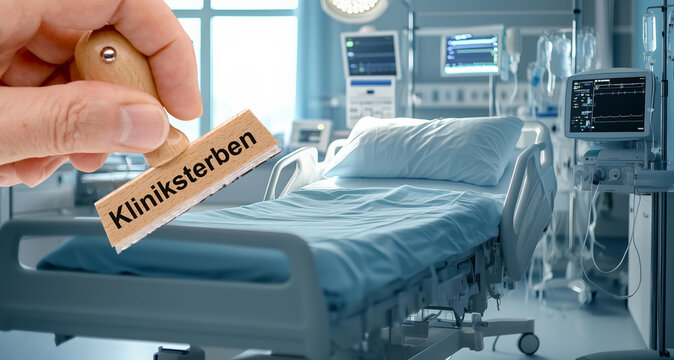 Ein Holzstempel ist beschriftet mit dem Aufdruck Kliniksterben &uuml;ber dem Bild von einem Krankenzimmer mit Bett in einem Krankenhaus - FOTOMONTAGE