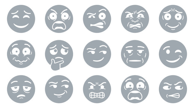 A collection of 15 grey circular emoticons, each displaying a distinct facial expression of emotion.