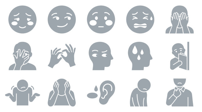 Collection of gray icons representing various human emotions and psychological states, including sadness, anxiety, stress, and confusion.