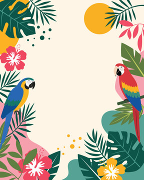 Tropical frame with parrots and exotic leaves background