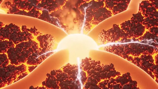Glowing molten lava with cracked dark volcanic crust surface