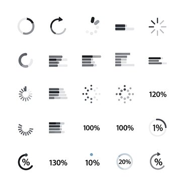 Black loading bar icons set.