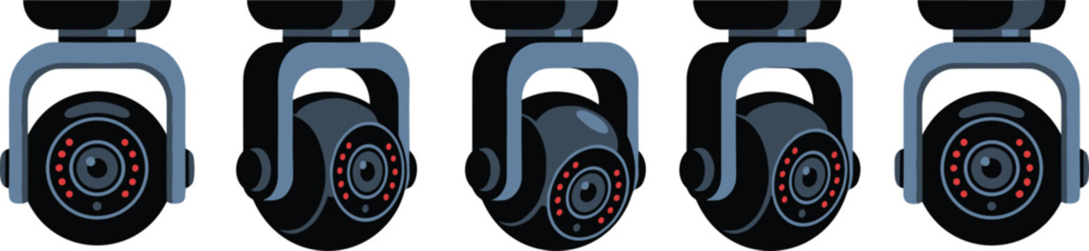 Set of Security Camera Icons Featuring CCTV and Surveillance Cameras with Red Lights for Home and Business Protection Designs
