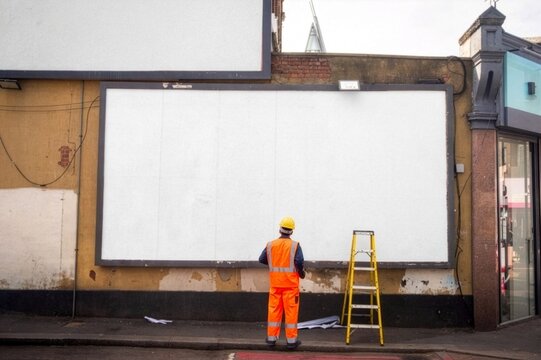 Worker installing blank billboard advertising panel on London street, commercial mockup copy space