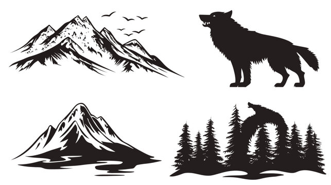 Silhouettes of mountains, forest, wolves, and birds create a wilderness scene with wildlife