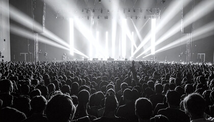Fototapeta premium Dramatic black and white shot of a massive crowd at a live music concert. Bright stage lights beam through the dark arena as fans cheer loudly. Ideal for event promotion and music themes.