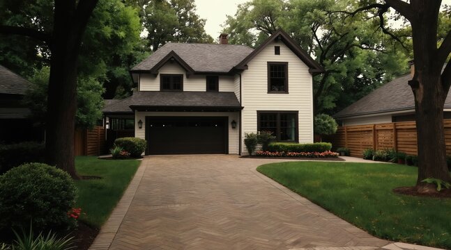 Modern white house with garage on paved driveway. Green grass lawn and mature trees surround nice suburban home. Building has clean exterior lines. Driveway leads to entrance.