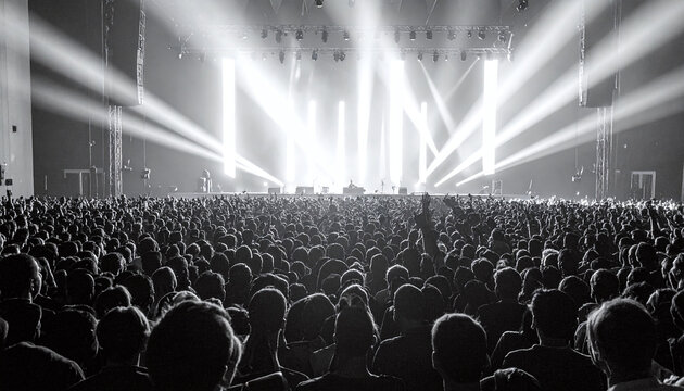 Dramatic black and white shot of a massive crowd at a live music concert. Bright stage lights beam through the dark arena as fans cheer loudly. Ideal for event promotion and music themes.