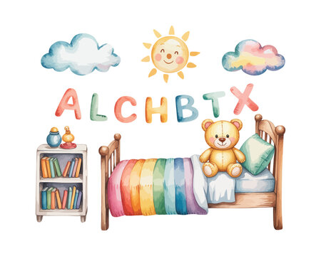 Watercolor Kids Bedroom Interior, Cute Nursery Room Clipart, Isolated on White background