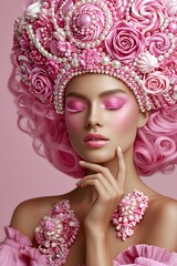 Fototapeta premium Eine Frau mit rosafarbener Perücke und aufwendigem Kopfschmuck aus Süßigkeiten und Rosen posiert vor rosa Hintergrund.