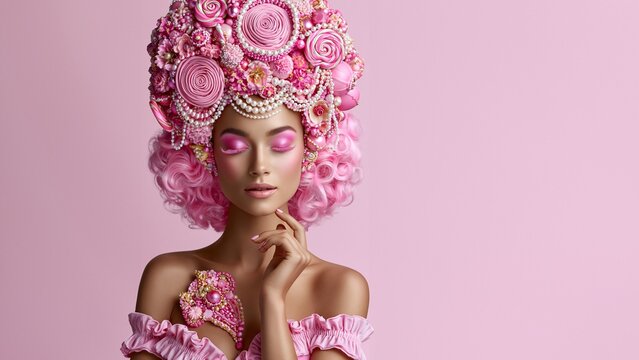 Eine Frau mit rosafarbener Per&uuml;cke und aufwendigem Kopfschmuck aus S&uuml;&szlig;igkeiten und Rosen posiert vor rosa Hintergrund.