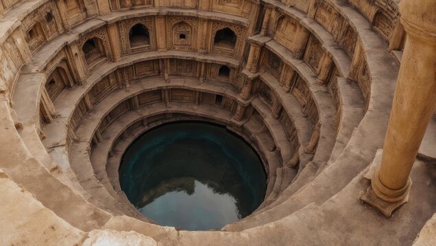 Looking down into a circular stepwell structure, with ornate carvings and water
