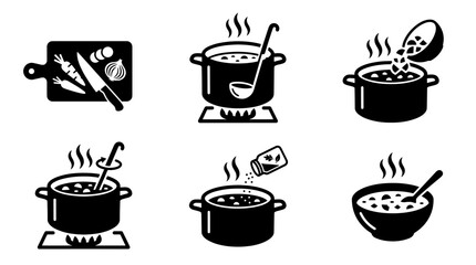 Obraz premium Soup Cooking Icon Set in Minimal Black Silhouette Style