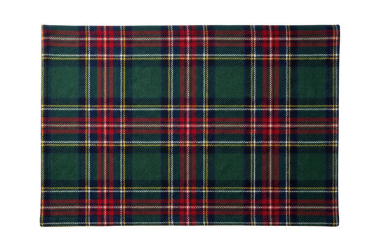 Green tartan plaid fabric placemat top view isolated. Traditional table setting mockup.