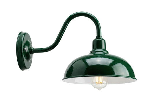 Green gooseneck barn light side view isolated. Vintage industrial wall lamp mockup.