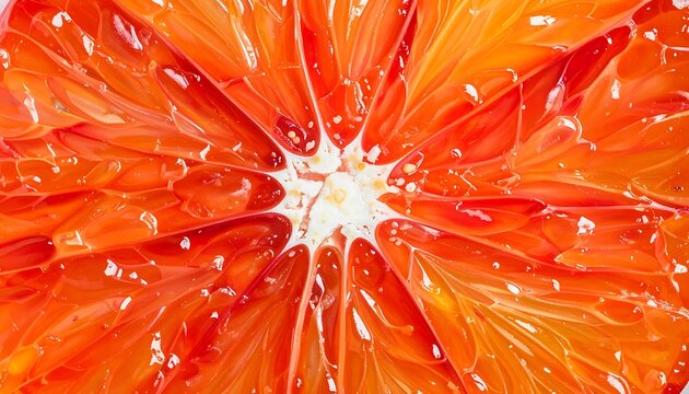 Extreme closeup of a juicy blood orange slice, showing vibrant red flesh and white pith with glistening droplets, perfect for food and beverage concepts