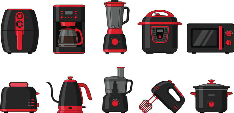 Set of Black and Red Kitchen Appliances Featuring Air Fryer, Coffee Maker, Blender, Microwave, and More for Home Cooking Designs