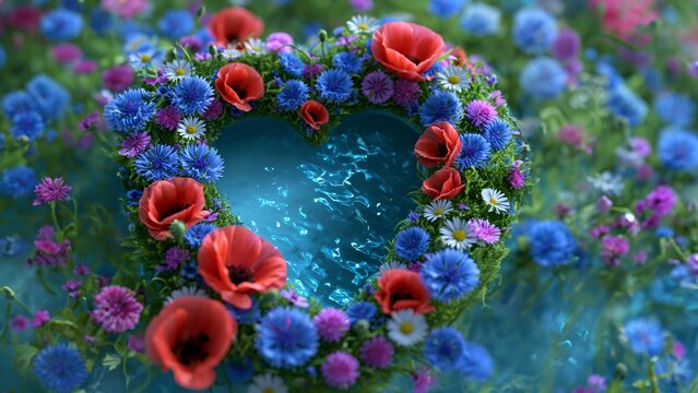 Ein herzf&ouml;rmiger Wasserspiegel liegt inmitten eines &uuml;ppigen Blumenarrangements aus bunten Wiesenblumen.