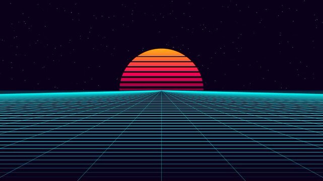 Retro-futuristic sunset animation over a glowing neon grid, set against a starry night sky. This motion graphic loop evokes a synthwave aesthetic.